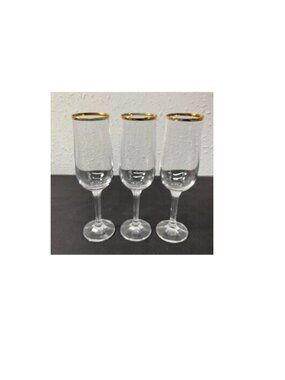 3 Geneve Bohemia Champagne Flute Glasses Gold Rim Ribbed Stems Vintage '80s EC